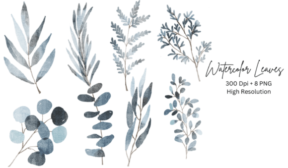 Watercolor Blue Leaf Elements for Creative Projects